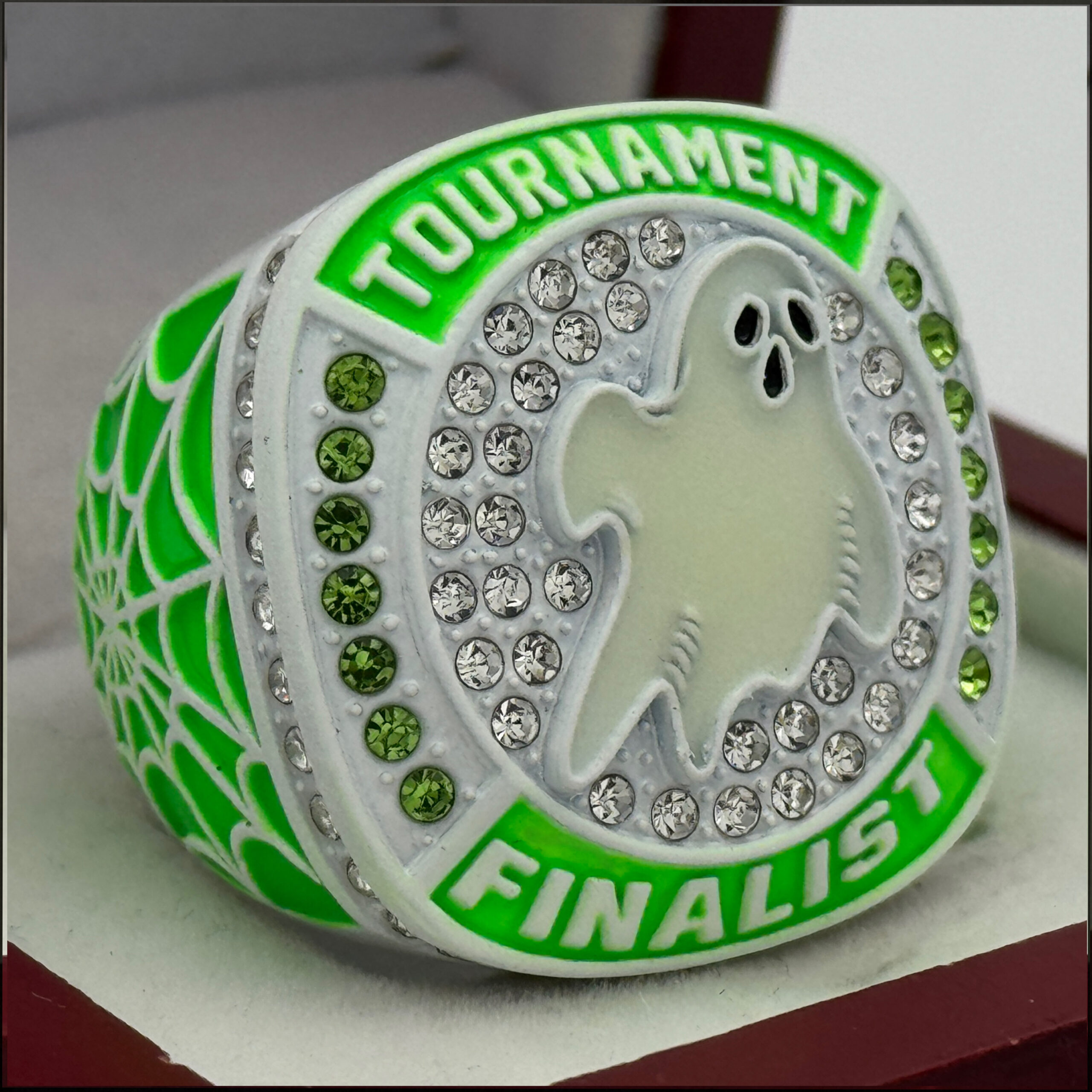 26C347EE-37BE-42B6-9320-45B743515872 GLOWING GHOST FINALIST RING --- WHITE BODY, GREEN STONES (Item#43-105) - Image 1