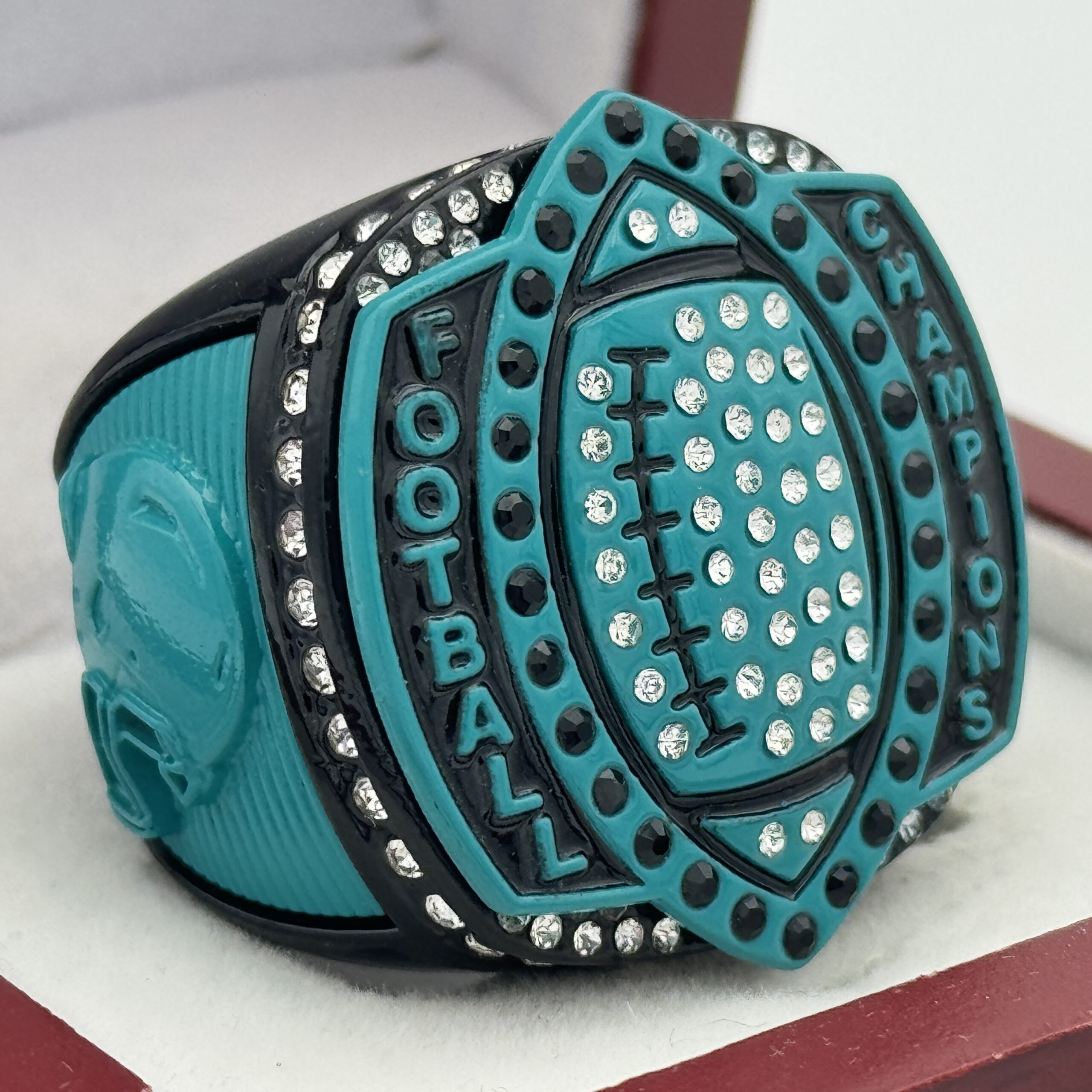 IMG_8694 5 STAR LEGACY FOOTBALL CHAMPION RING --- BLACK BODY, TEAL SIDES (Item #51-132) - Image 1