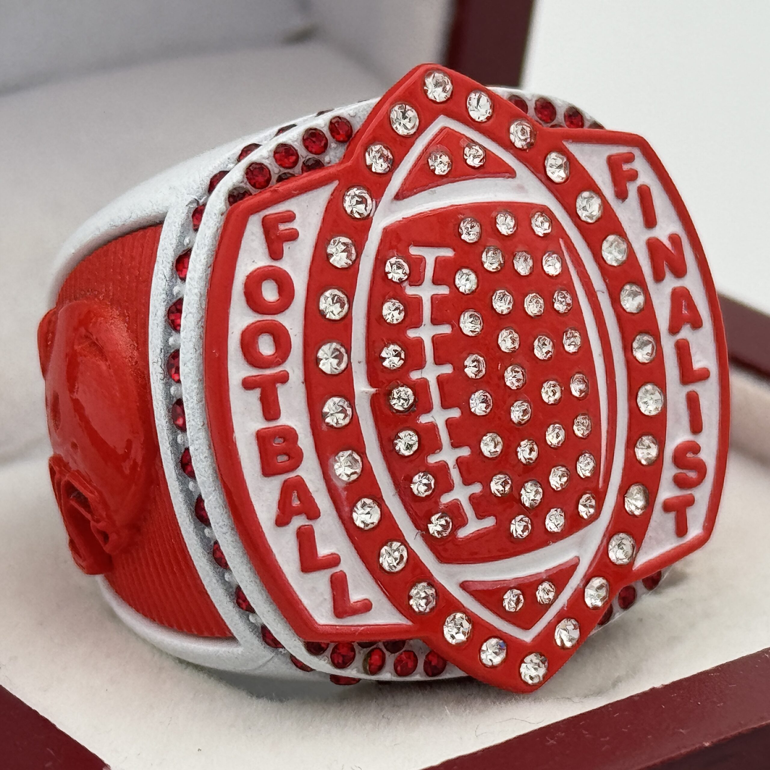 IMG_8697 5 STAR LEGACY FOOTBALL FINALIST RING --- WHITE BODY, RED SIDES (Item #51-157) - Image 1