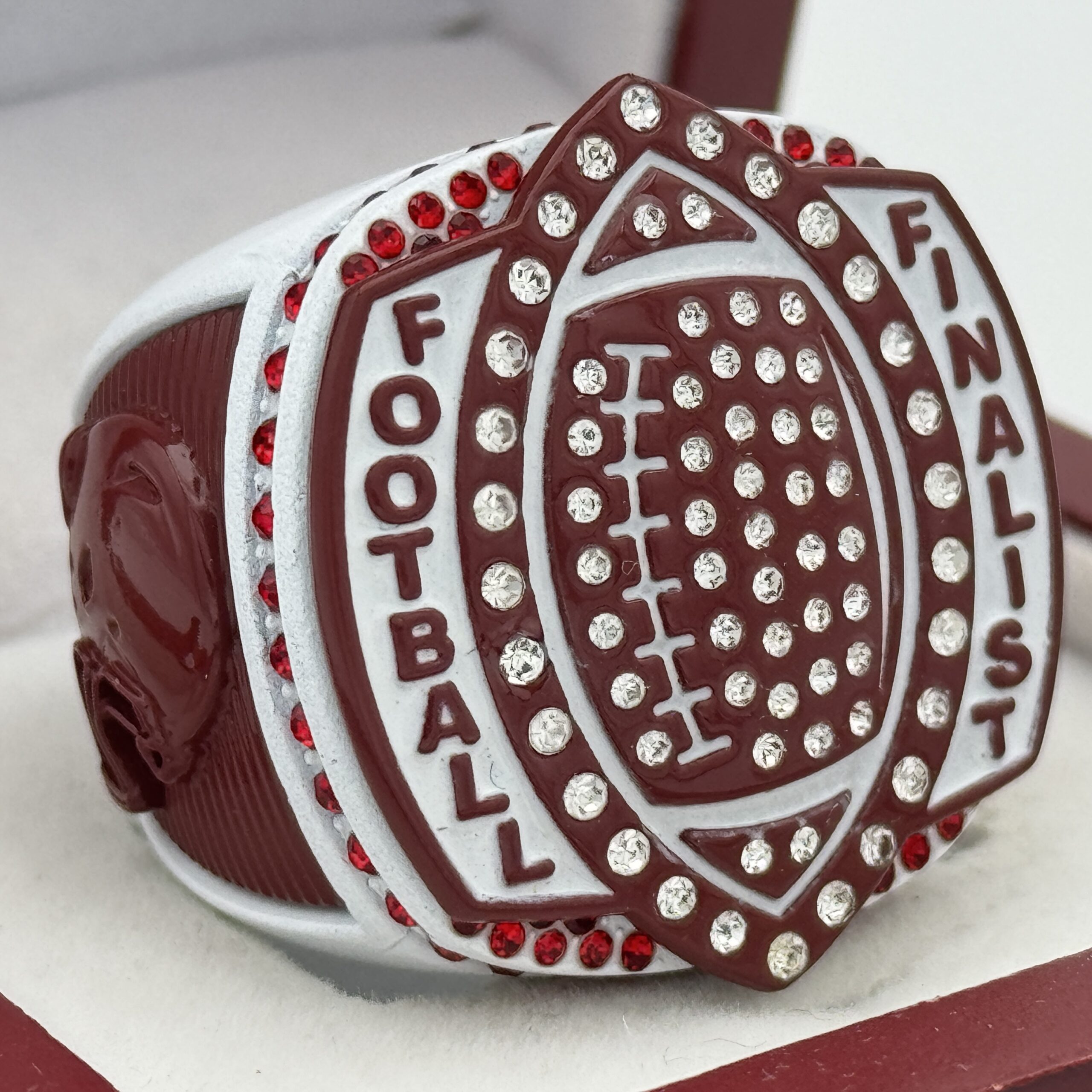 IMG_8709 5 STAR LEGACY FOOTBALL FINALIST RING --- WHITE BODY, MAROON SIDES (Item #51-125) - Image 1