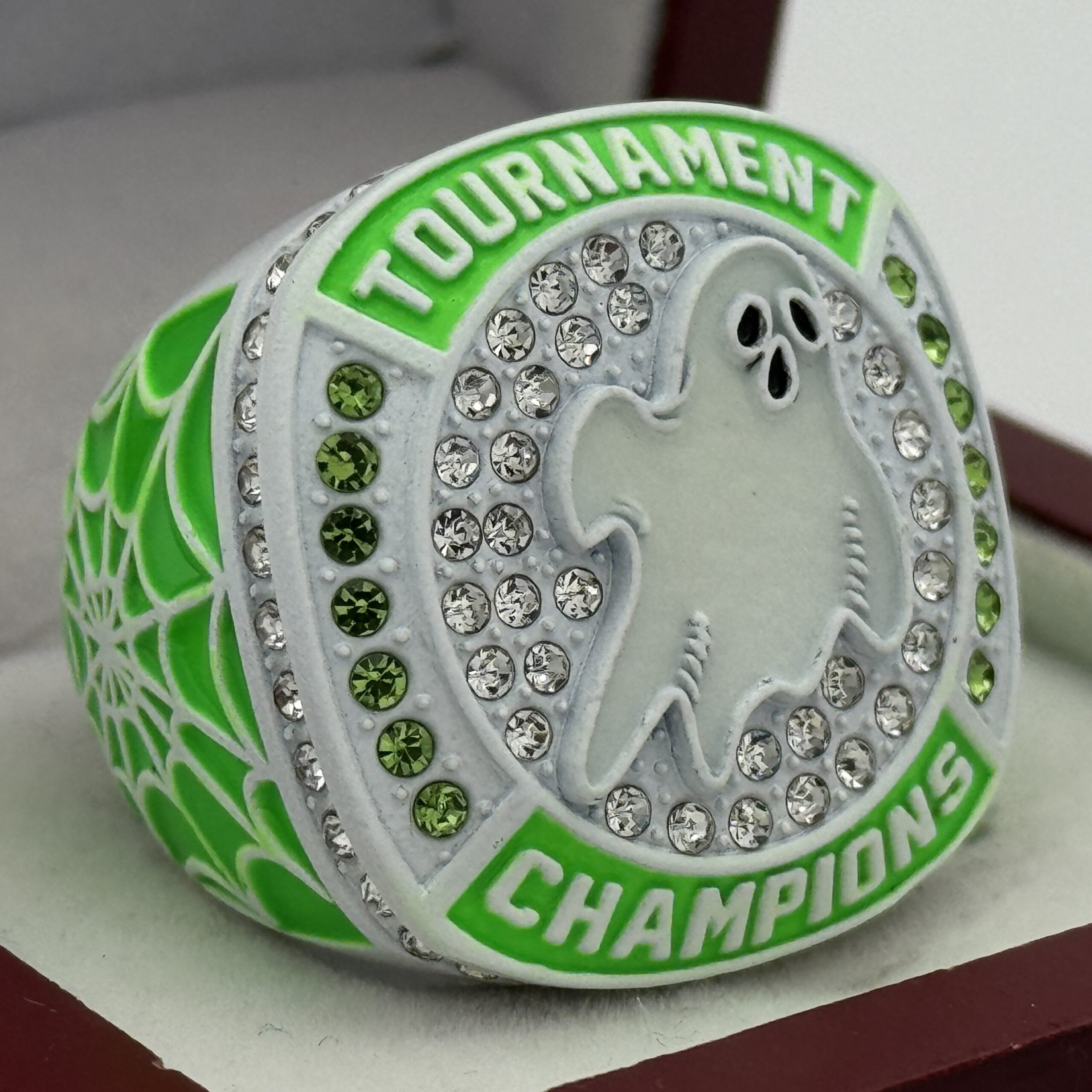 IMG_8807 GLOWING GHOST CHAMPION RING --- WHITE BODY, GREEN STONES (Item#43-108) - Image 1