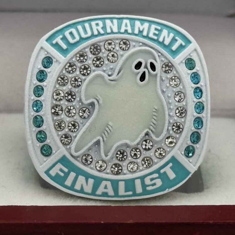 halloween themed tournament finalist ring with a ghost and blue / silver gems