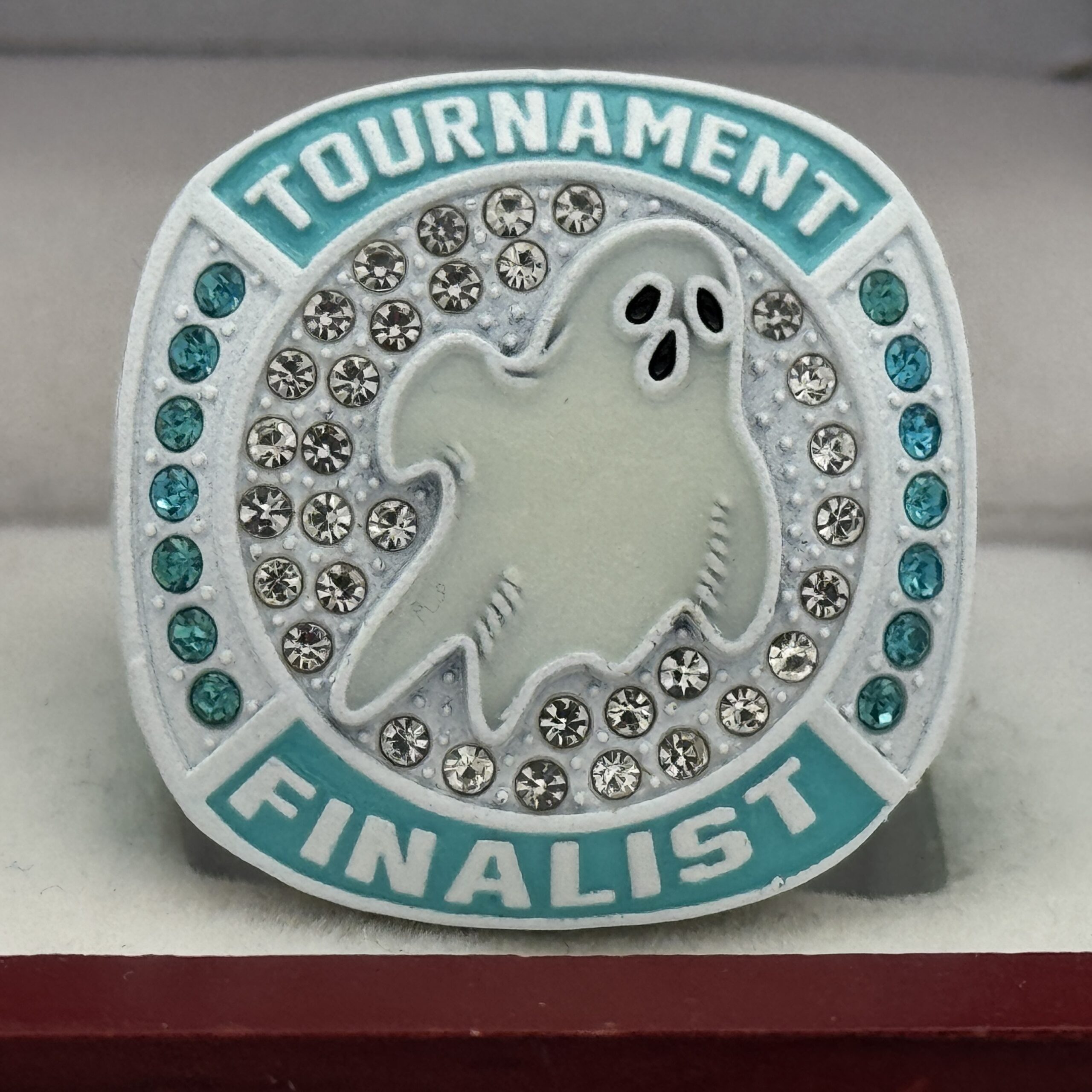 halloween themed tournament finalist ring with a ghost and blue / silver gems